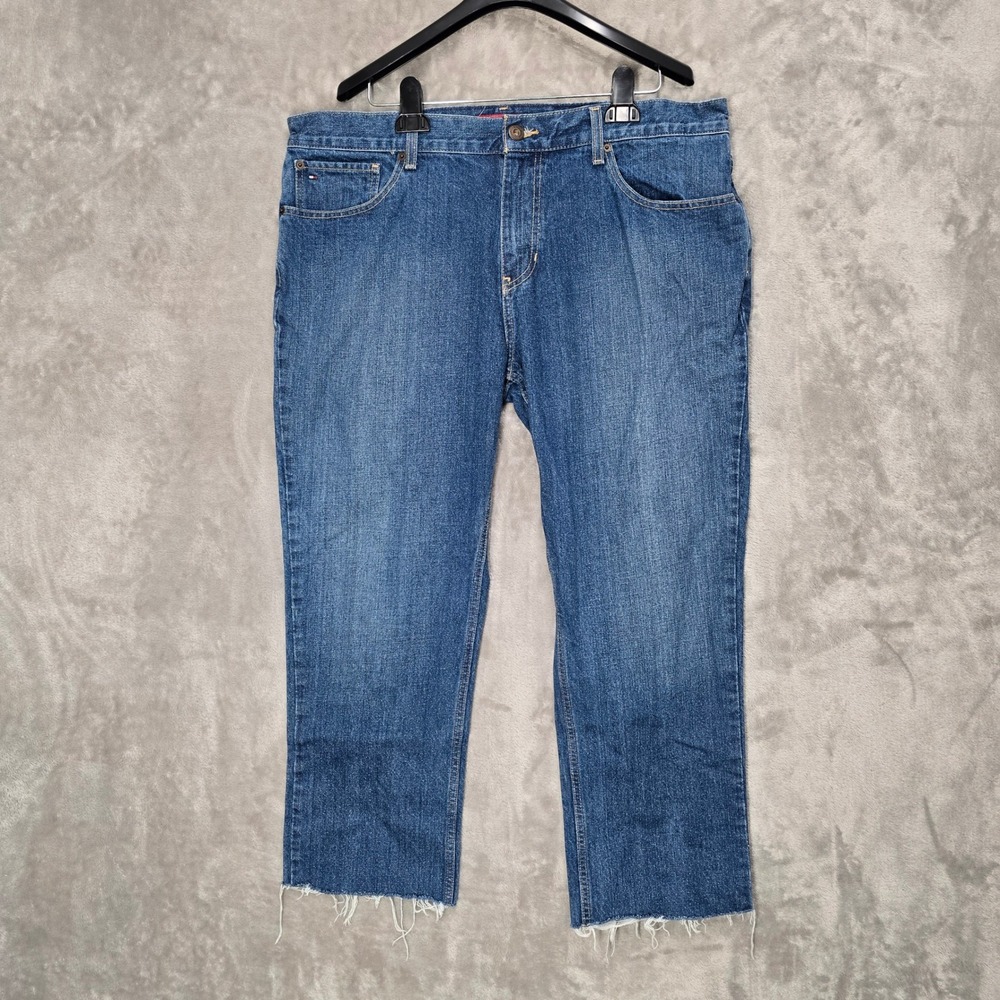 Tommy Hilfiger Slim Fit Blue Denim Jeans Men Size 38x26 Raw‎ Hem Distressed